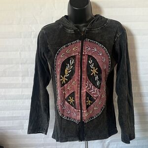 Jayli Black Peace Sign Casual Full‑Zip Sweatshirt – Size Small